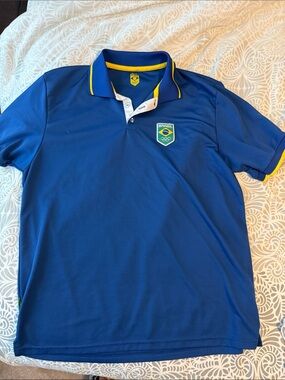 Brazil Crest Blue Polo Shirt with Yellow Trim